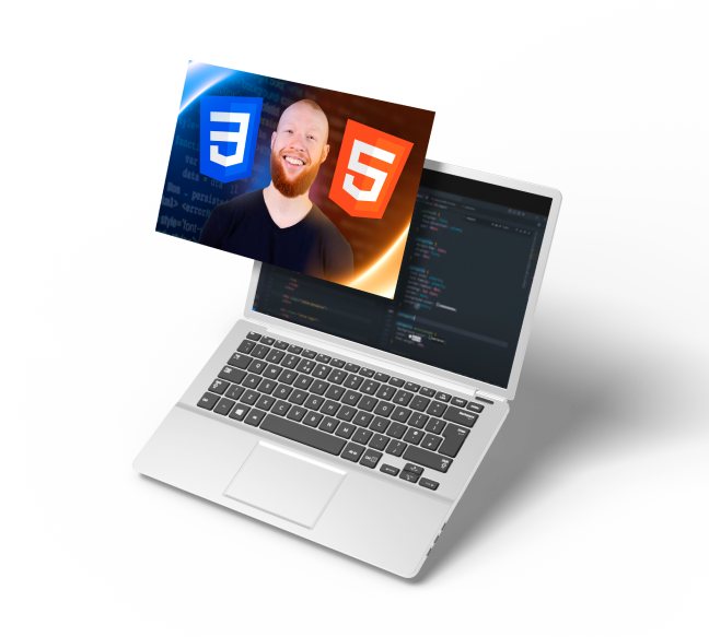 Notebook com códigos em HTML e CSS e o professor do curso